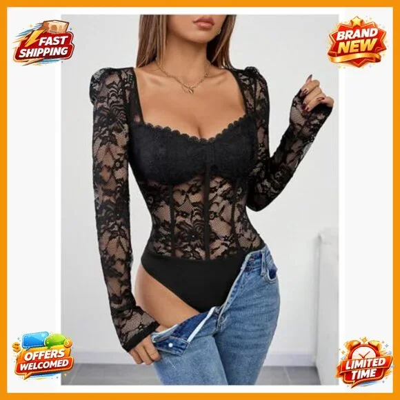 Floral Lace Long Sleeve V Neck Corset Mesh Leotard Bodysuit Medium